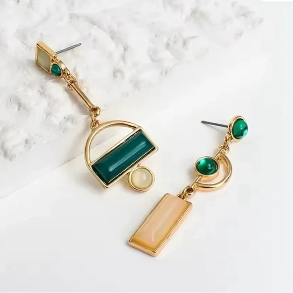Anthropologie Gold and Green Asymmetrical Geometric Earrings - Picture 2 of 3